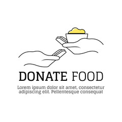 Hand gives food to another hand. Donate food concept. With text: Donate Food