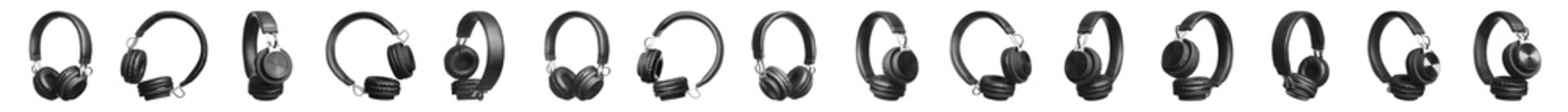 Set of modern black headphones on white background. Banner design
