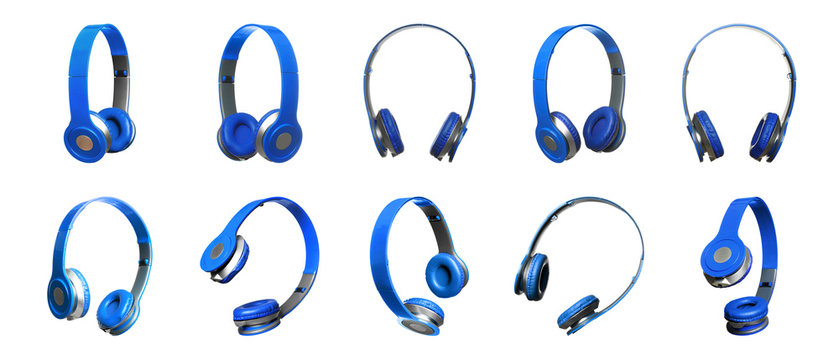 Set of modern blue headphones on white background