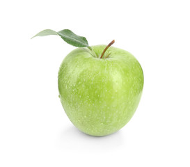 Fresh ripe green apple with water drops and leaf on white background