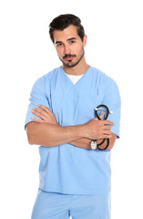 Young male doctor in uniform with stethoscope on white background. Medical service