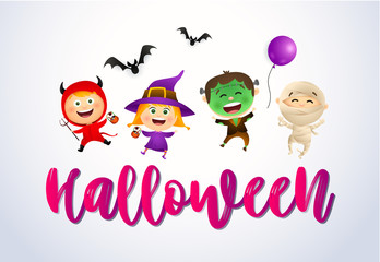 Halloween lettering with joyful kids wearing monsters costumes. Invitation or advertising design. Handwritten text, calligraphy. For leaflets, brochures, invitations, posters or banners.