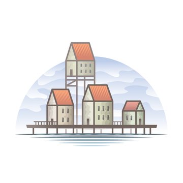 houses on stilts, orange roofs, water setting clip art preview