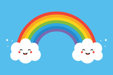 Cute and colorful cartoon vector illustration of rainbow and two happy cloud characters for kids, children print design.