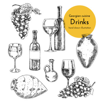 Set of wine illustrations. sketch bottle, qvevri and a glass of wine. hand drawn illustration for the wine menu