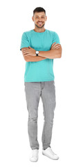 Portrait of man in casual outfit on white background