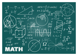 Chalk doodle math blackboard. Chalkboard, formulas, shapes, geometry. Education concept. Vector illustrations can be used for back to school topic, algebra, science