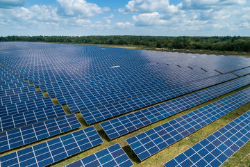 Aerial top view of a solar pannels power plant