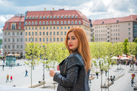 Tourism and adventure concept, rest in Europe. Beautiful woman in Germany streets . Vacation in Dresden 