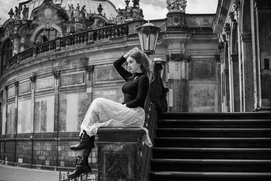 Tourism and adventure concept, rest in Europe. Beautiful woman in Germany streets . Vacation in Dresden 