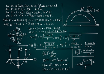 Vintage education and scientific background. Math law theory and mathematical formulas, equations and schemes on school board. Vector hand-drawn illustration.