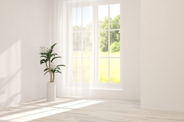 Stylish empty room in white color with summer landscape in window. Scandinavian interior design. 3D illustration