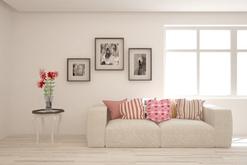 Stylish room in white color with sofa. Scandinavian interior design. 3D illustration