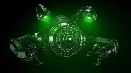 futuristic alien ship with big mechanical claws and volumetric lights or unknown space machine preparing an invasion. Isolated on black background. 3D illustration 