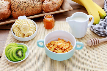 Breakfast time: fruits, buns and honey.