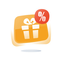 Free gift box button, delight present, special offer, give away package, loyalty program reward, discount coupon