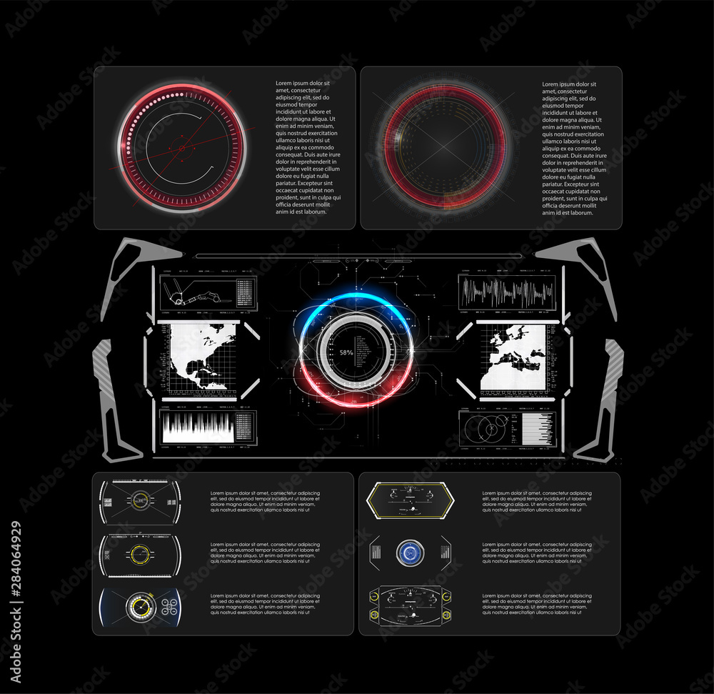 Poster a set of elements for the design of interfaces for games and movies of the future, a display for out