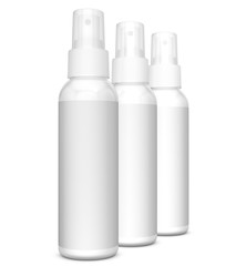 Realistic 3D spray bottles rendering mockup on white background.3D Rendering