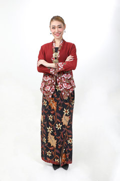 Young Attractive Asian Woman Traditional Red Maroon Nyonya Kebaya Sharong On White Background