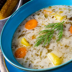 Polish sour cucumber soup or salt cucumber soup.