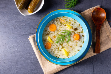 Polish sour cucumber soup or salt cucumber soup.