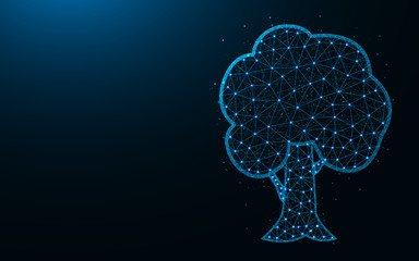 Tree low poly design, plant abstract geometric image, nature wireframe mesh polygonal vector illustration made from points and lines on dark blue background