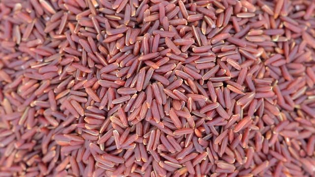 Extreme close up top view Rotation and falling down of dry raw unpolished brown red rice, Red rice closeup,Pile of unpolished rice background