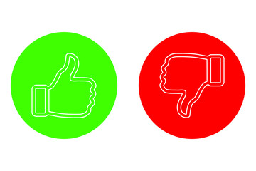 Yes and No check marks with thumbs up and down. Vector illustration. Red and green on white background.