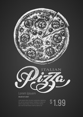 Pizza. Vector chalk drawing and lettering on blackboard