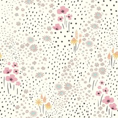 Wildflowers scattered on light background, seamless floral abstract pattern with flowers. Vector meadow hand drawn illustration in vintage style.