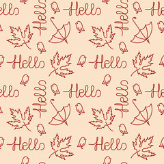 Hand drawn Autumn vector seamless pattern. Maple leaves, umbrellas and little birds, the inscription Hello.