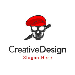 skull wearing military beret with crossed combat knifes, Design element for logo, label, sign, emblem. Vector illustration