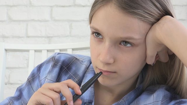Child Studying on Tablet, Girl Writing in School Class, Learning Doing Homework