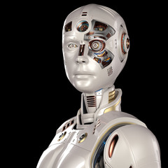 portrait of futuristic robot man or very detailed android cyborg with some uncovered parts on his face showing the internal head and its various metallic components. Isolated on black. 3D render