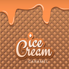 Ice Cream banner with wafer background. Cafe menu, ice cream dessert poster, food packaging design.