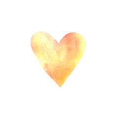 Big yellow orange watercolor heart isolated on white background. Valentines day hand drawn background with space for text. Heart shape watercolour template. Design element