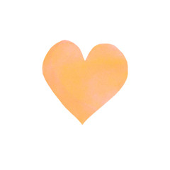 Big yellow orange watercolor heart isolated on white background. Valentines day hand drawn background with space for text. Heart shape watercolour template. Design element