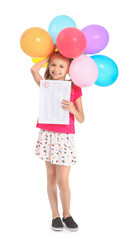 Happy girl with answer sheet for school test and balloons on white background