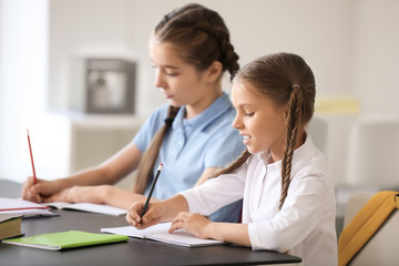 Obraz premium Cute little pupils doing lessons in classroom