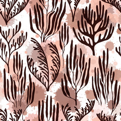 Ocean corals seamless pattern., Red Sea coral reef branches and bushes cartoon.