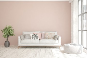 Stylish room in white color with sofa. Scandinavian interior design. 3D illustration