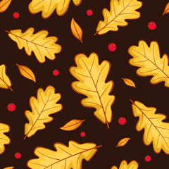 Fototapeta premium Vector seamless pattern with autumn oak leaves and red berries on dark brown background. Nature design for fabric, wallpaper, textile, web design.