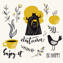 Set of stylish autumn design elements in cool retro style