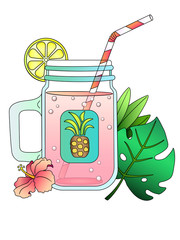 Mason jar. Mason's bottle of carbonated drink is decorated with tropical plants - hibiscus and palm leaves, as well as a lemon and a drinking straw. Summer drink in a jar with a grip and a label