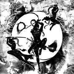 Three female assassins with swords jump attacking in different directions, in beautiful silhouette poses. 2D Illustration.