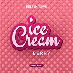 Ice Cream banner with wafer background. Cafe menu, ice cream dessert poster, food packaging design.