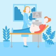 Pregnancy examination. Pregnant woman ultrasound, healthcare and maternity diagnostic. Gynecologist doctor monitoring patient belly in clinic