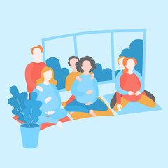 Cartoon Pregnancy courses for couples. Pregnant women practice yoga with husbands. Future mothers support, parenthood club. Parenting training