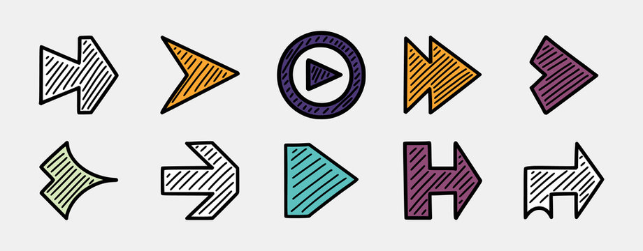 Mega set hand drawn arrow icons. Right, next directional pointers. Doodle arrow buttons