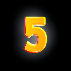 Fototapeta premium number 5 of festive orange glossy alphabet isolated on solid black background - 3D illustration of symbols